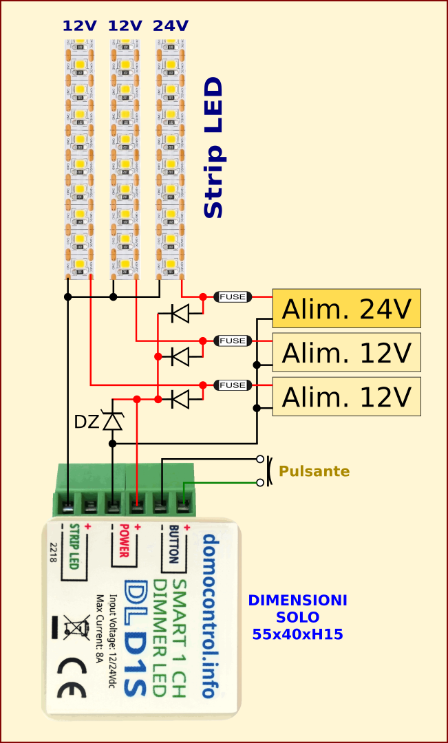 DLD1S - Schema collegamento di 3 strip LED a 12V e 24V