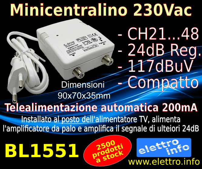 Centralino TV 24dB regolabile con telealimentazione automatica