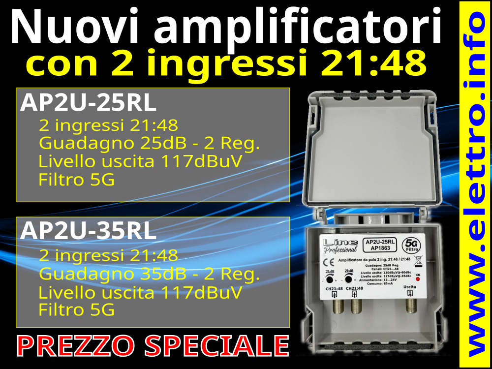 Amplificatore 2 ingressi uhf 25dB con filtro LTE