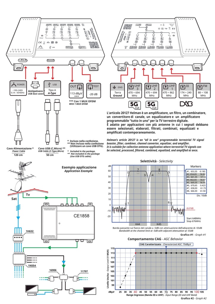 Centralina tv programmabile 5 ingressi VHF-UHF a filtri digitali 5G Ready Helman