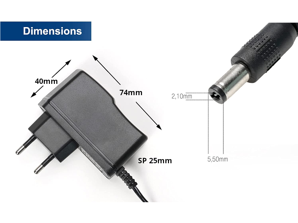 Alimentatore 5V 2A switching con uscita PLUG 5.5mm - Dimensioni