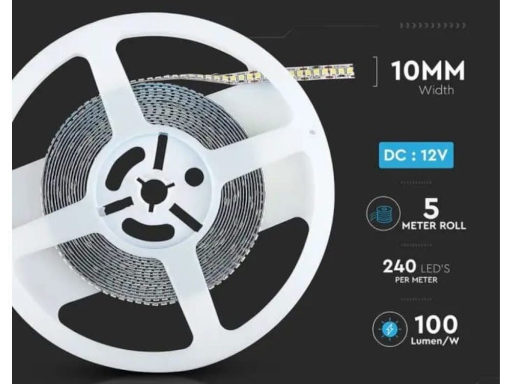 Strip LED SMD2835 - 240 LED/metro - Alta luminosità 2000 lumen/mentro - 3000K IP20 - 12V 20W/metro - 10mm - Rolla da 5 metri