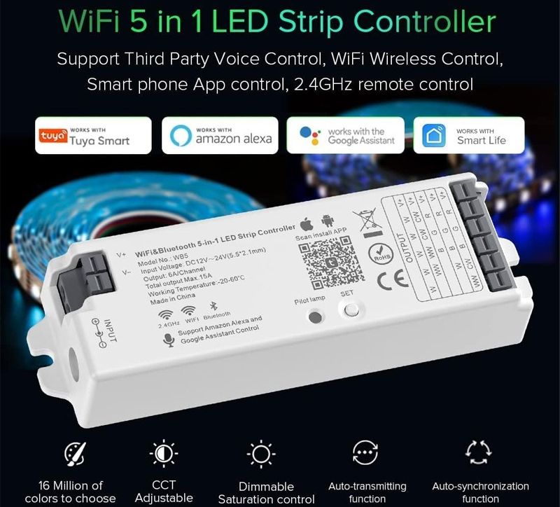 Controller TUYA WiFi & Bluetooth a 5 canali per strisce LED 12/24V MAX 15A