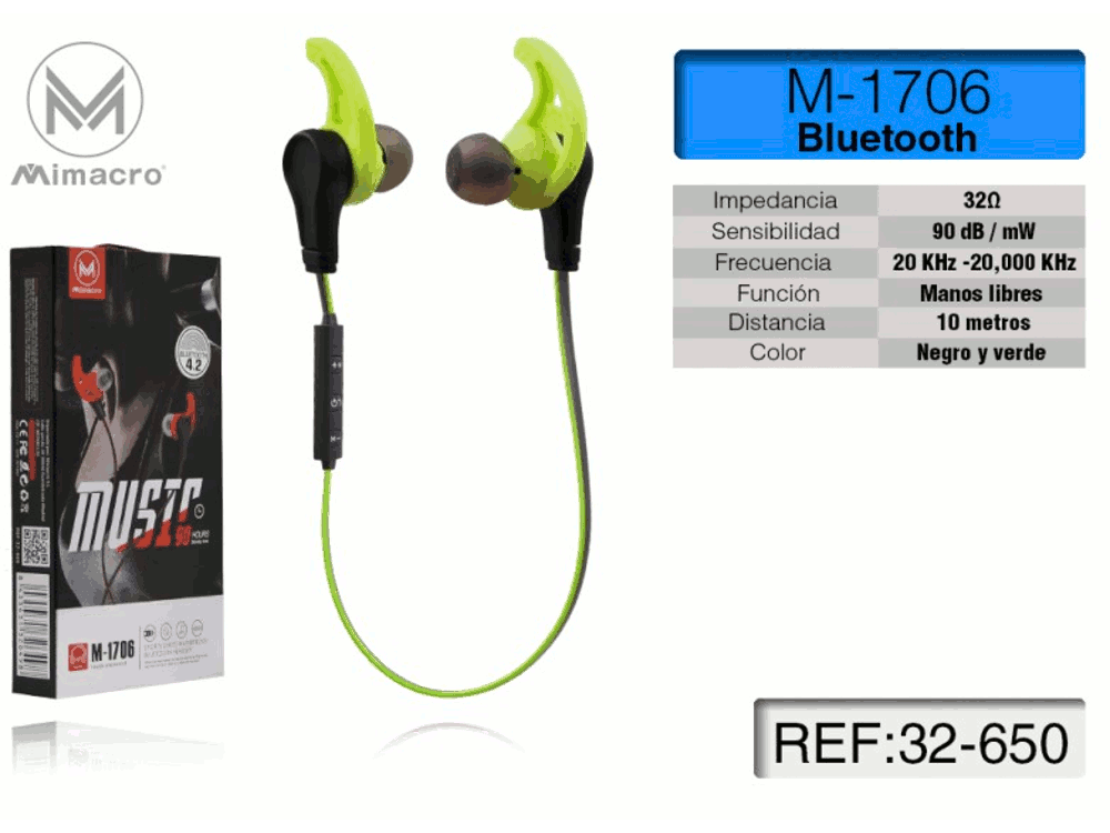 Auricolare SPORT stereo Bluetooth Verde con microfono