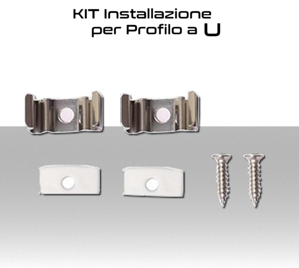 Profilo a U in Alluminio da 2 metri per strisce a Led completo di cover e kit fissaggio PACK 3pz.