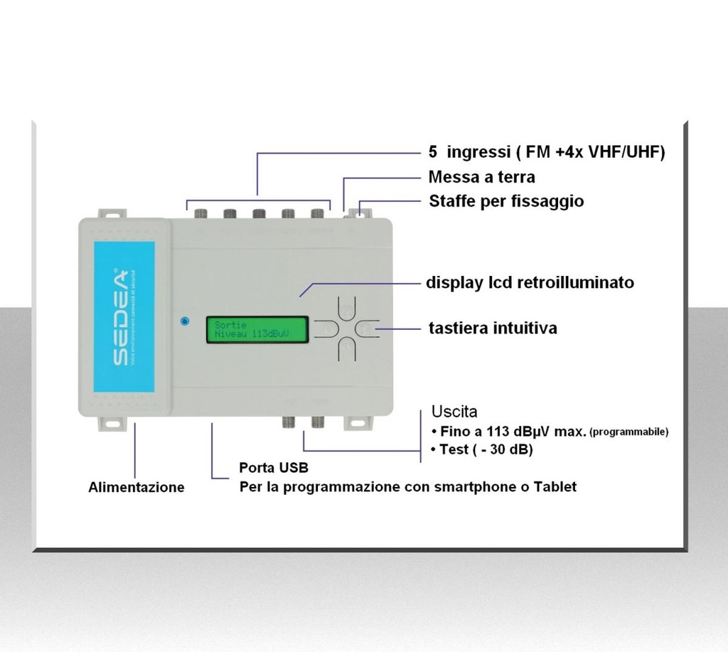 Centralina tv a filtri 5 ingressi programmabili con filtro LTE 700 5G SEDEA DCF