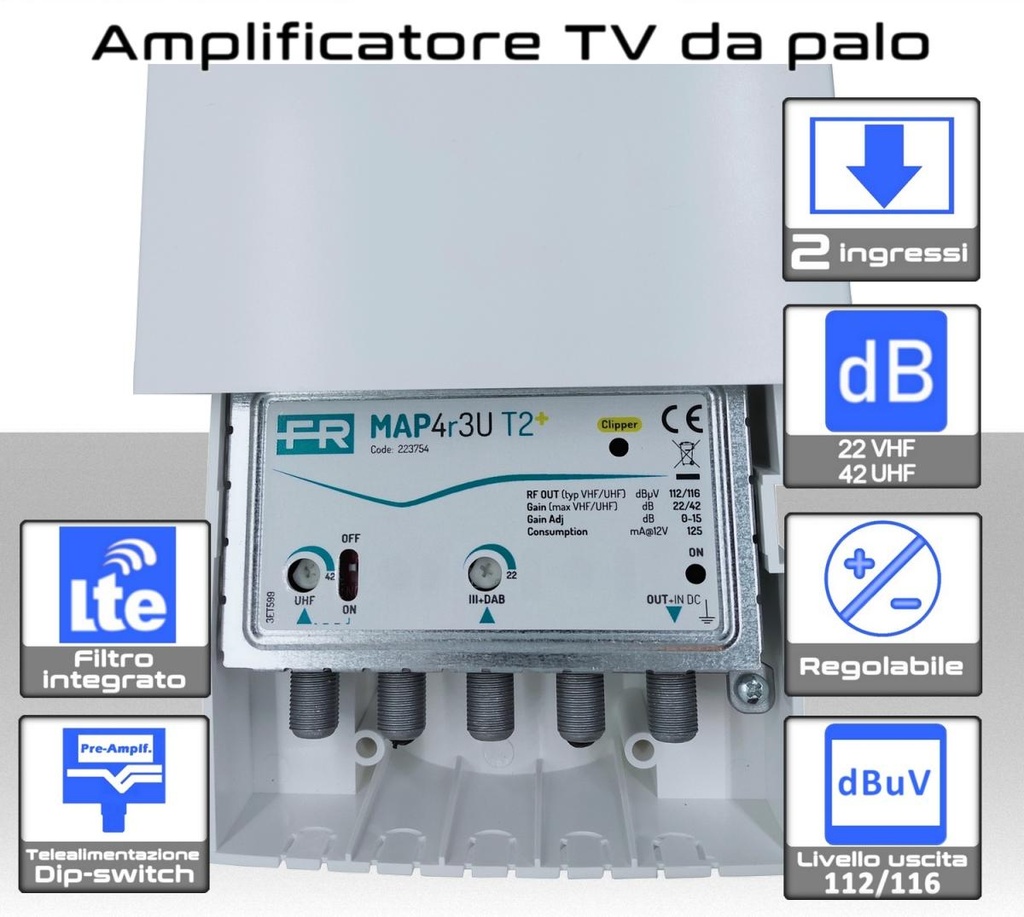 Amplificatore antenna TV 2 ingressi VHF / 21:48 42dB regolabile Filtro 5G