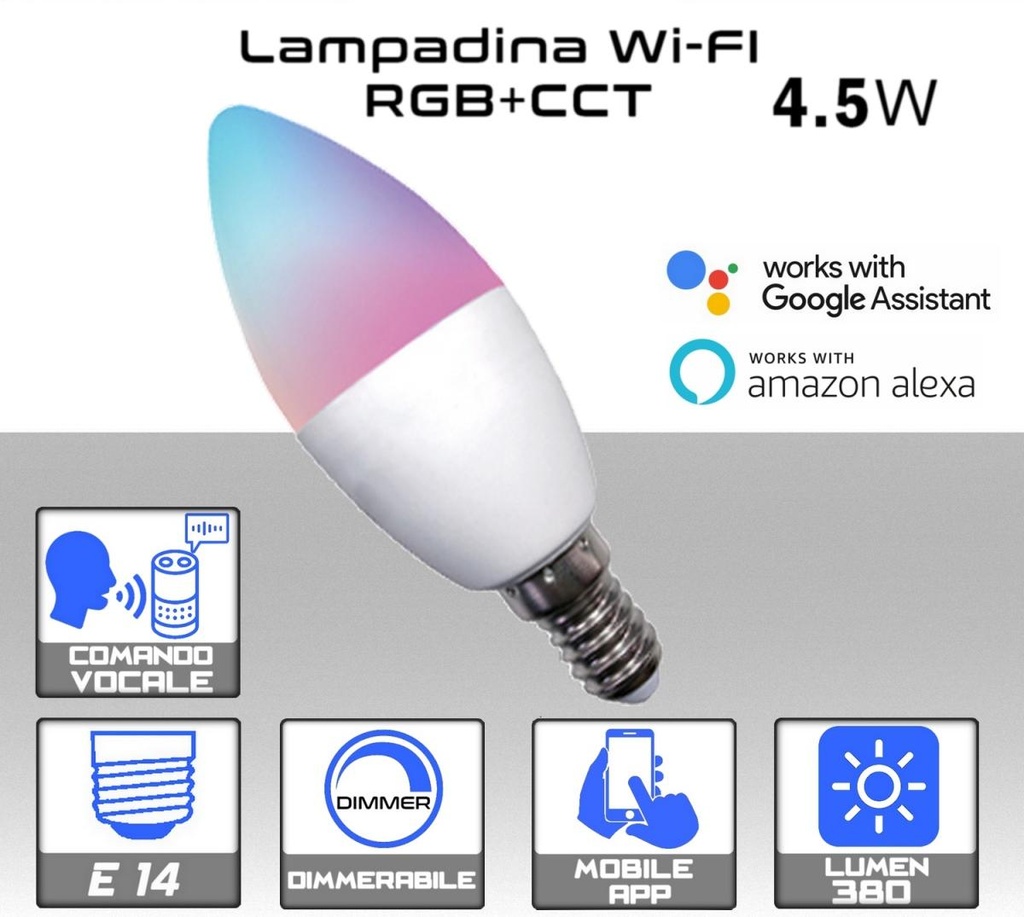 Lampadina LED Wi-Fi 4.5W 350 lumen E14 RGB e bianco dimmerabile