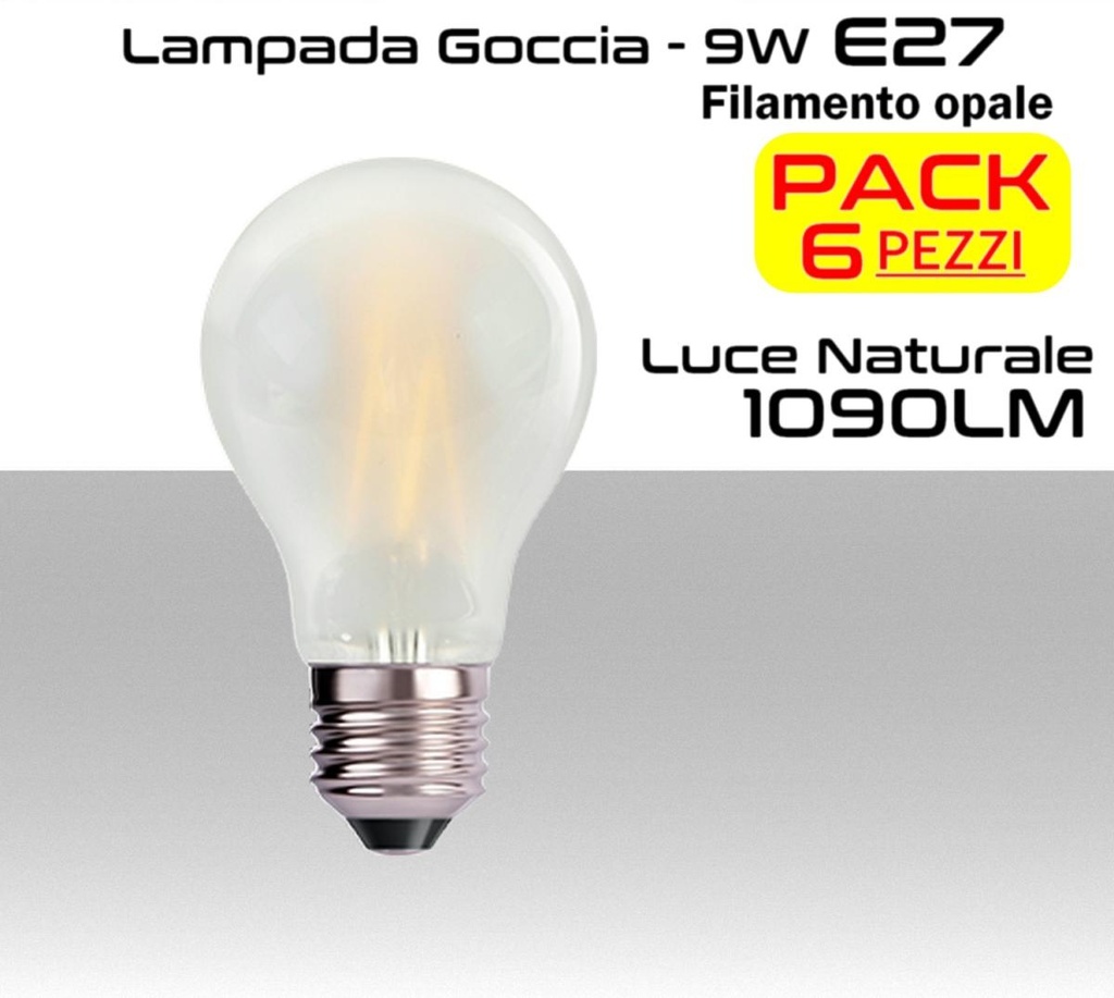 Lampadina LED Opale filamento a goccia 9W luce naturale 4000k E27 1090 lumen  PACK 6 PZ.