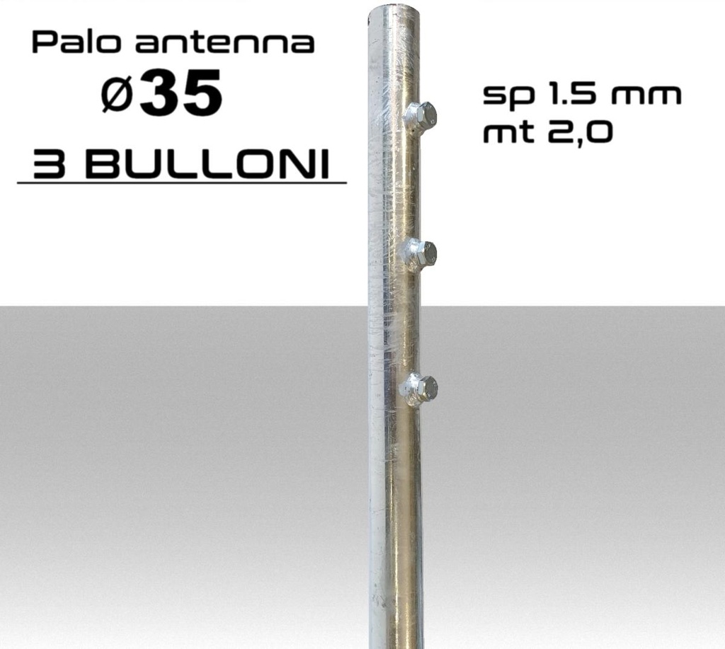 Palo antenna singolo lunghezza 2 metri diametro 35mm spessore 1.5mm con 3 bulloni