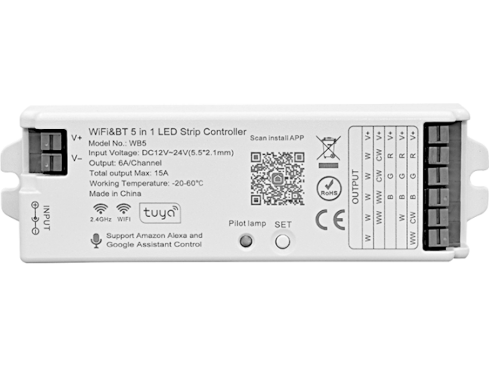 Controller TUYA WiFi & Bluetooth a 5 canali per strisce LED 12/24V MAX 15A