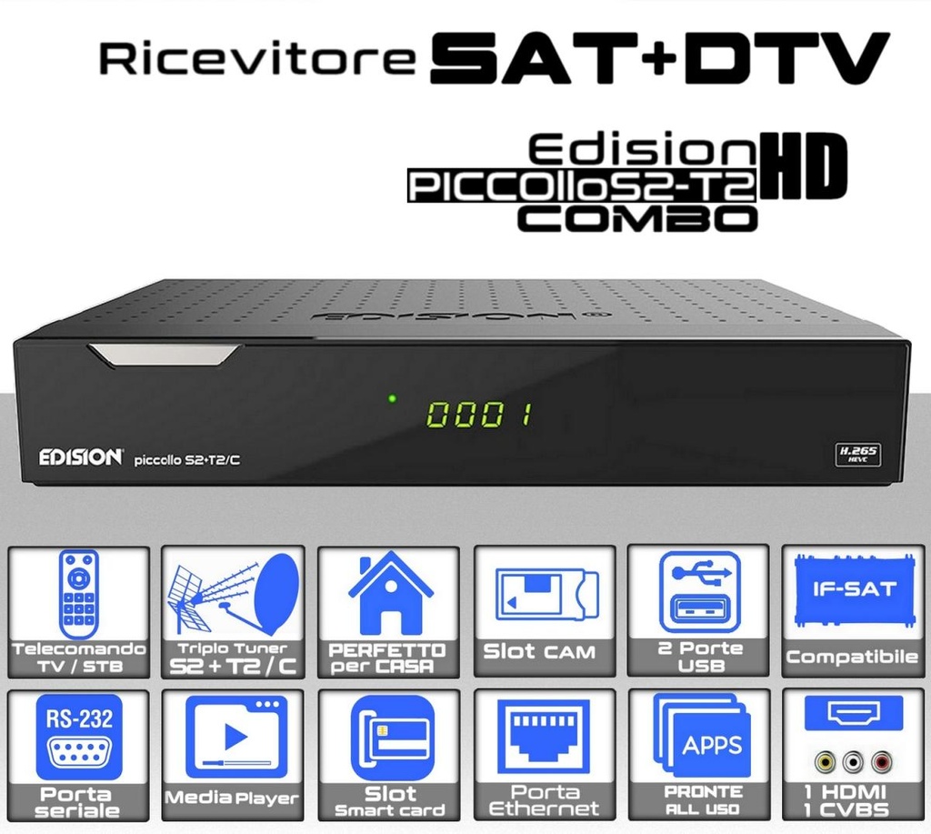 Decoder Edision Piccollo COMBO SAT Terrestre in FULL HD Funzioni USB slot smart card e C.I.