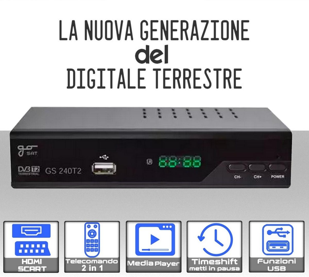 Decoder TV dvb t2  Full HD GOSAT GS240T2 con funzione mediaplayer e telecomando universale 2 in 1 risoluzione video Full HD