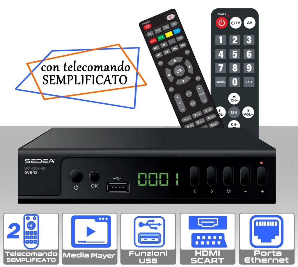 Decoder TV dvb T2  digitale terrestre con doppio telecomando 