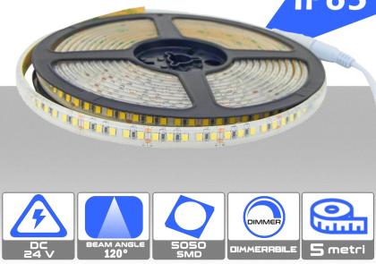 Striscia LED 24V IP65 Luce calda 3000K da 5 metri 12W/metro dimmerabile