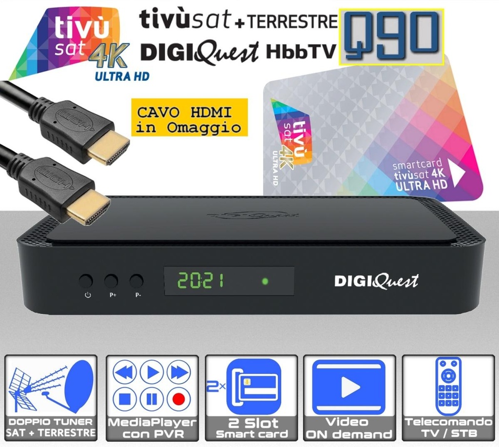 Decoder Tivùsat 4K combo Digiquest Q90 DVB-S2 DVB-T2 HEVC completo di tessera tivùsat con cavo HDMI HQ in omaggio