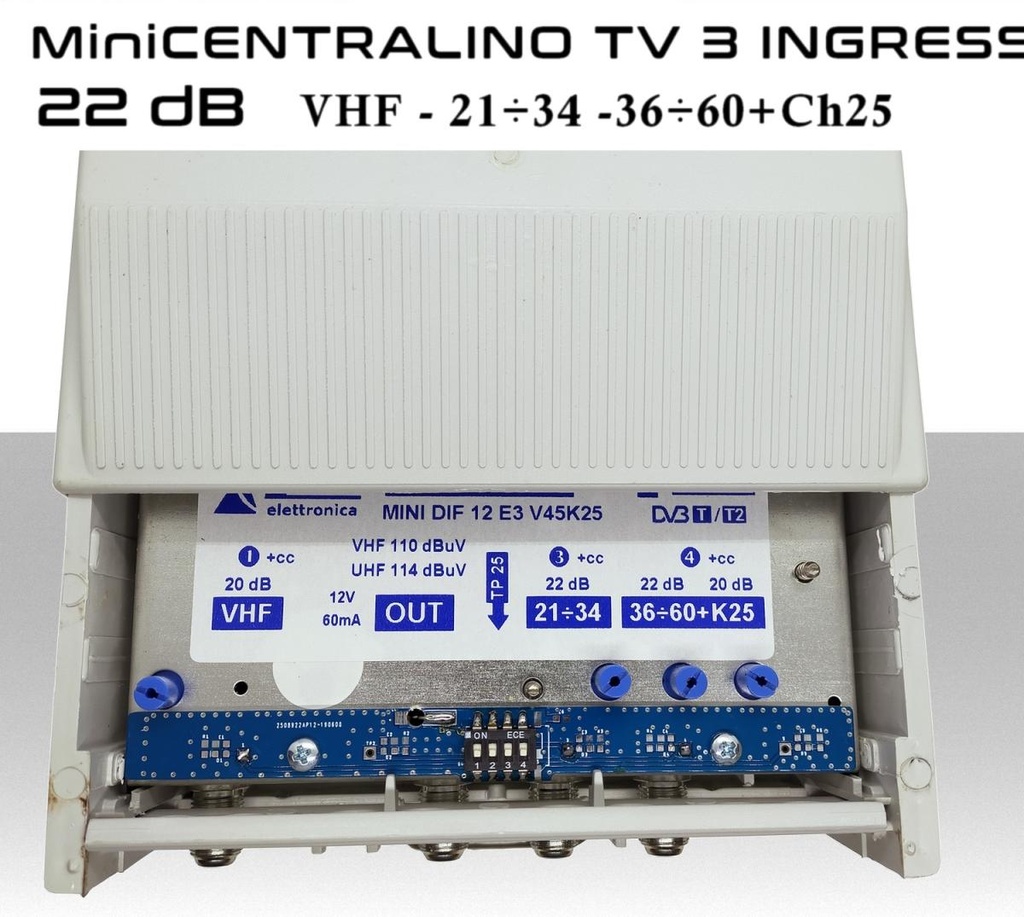 Centralino TV da Palo a 3 ingressi VHF/UHF/UHF 22dB regolabili 114dBuV Filtro LTE