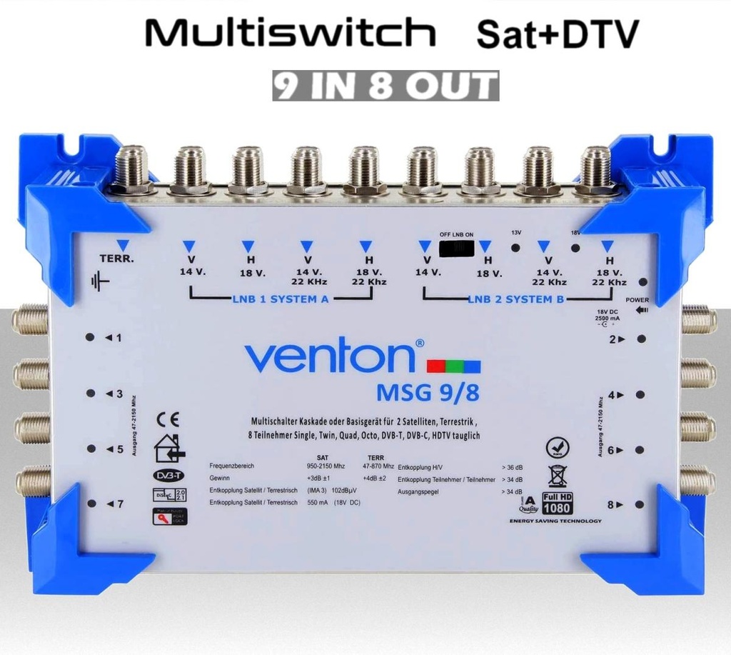 Multiswitch  9/8 centralino autoalimentato a due satelliti con terrestre per 8 utenze indipendenti serie Venton MSG