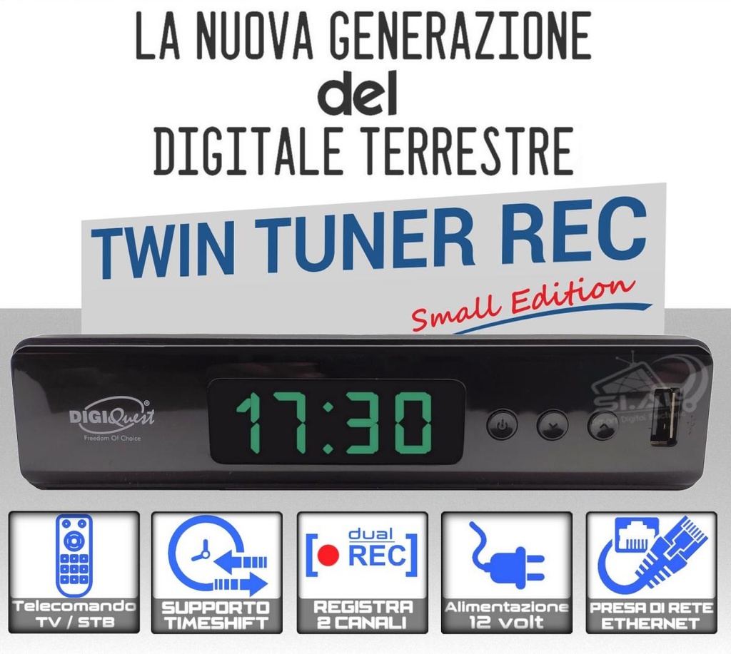 Decoder TV dvb t2  Full HD Digiquest Twin tuner REC con funzione mediaplayer e telecomando universale 2 in 1 risoluzione video Full HD 