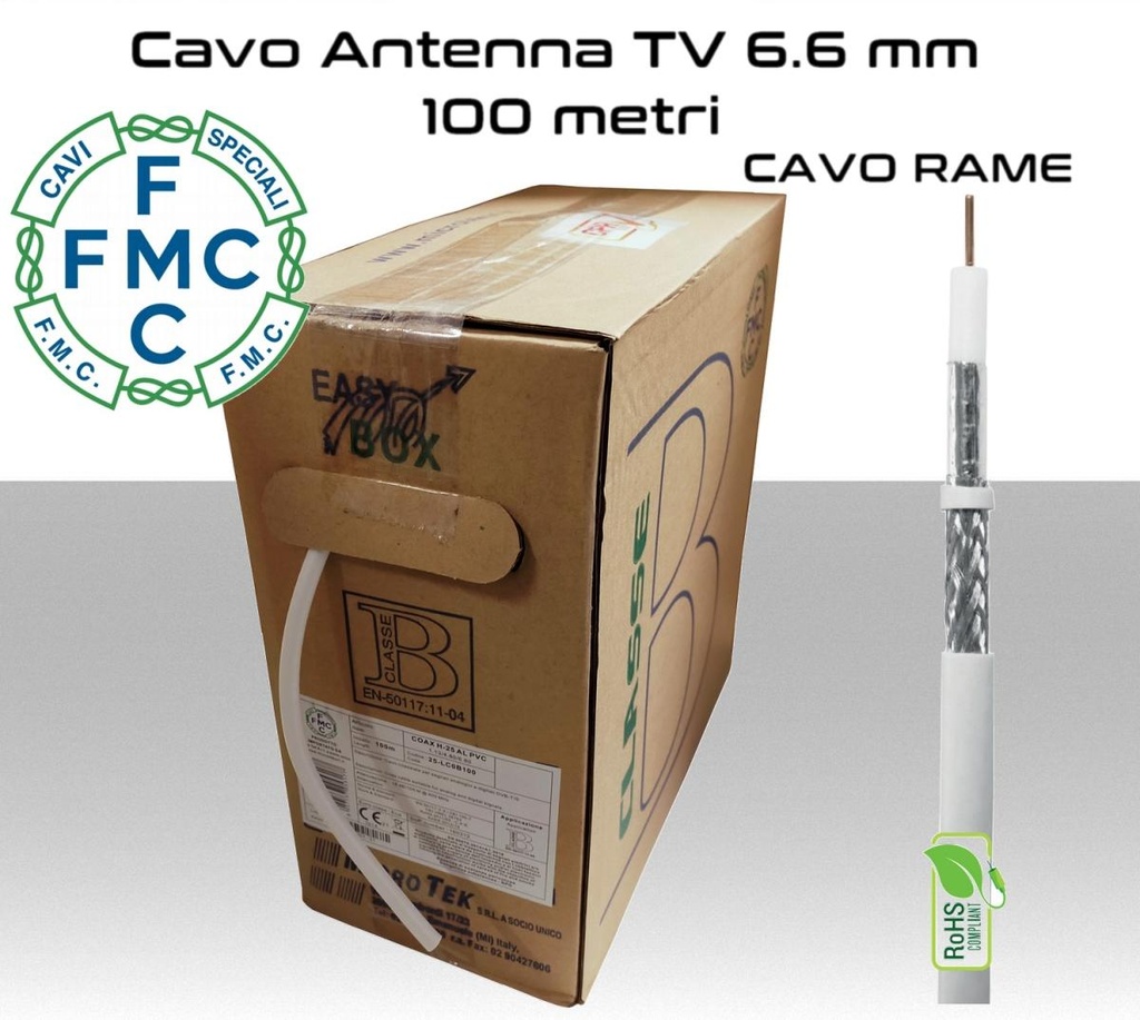 Cavo antenna TV 6,6 mm in bobina 100 metri Rame e PVC bianco Micro TEK 