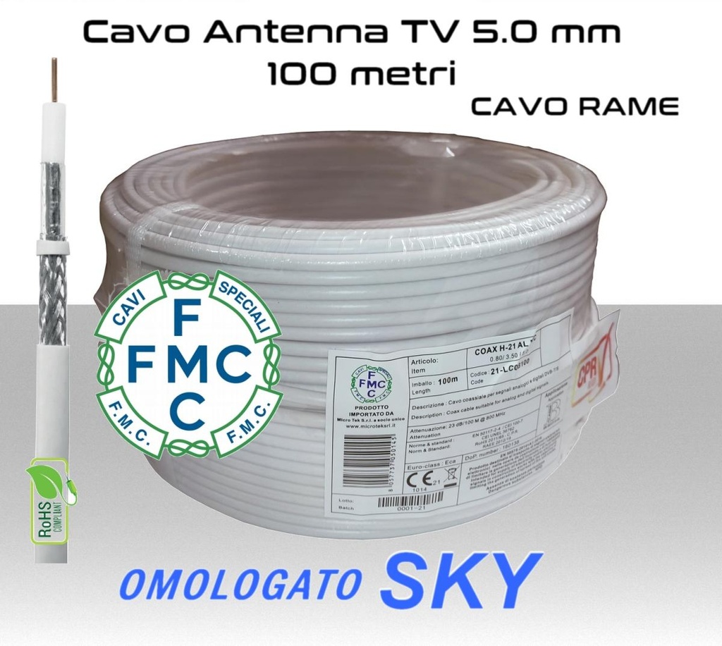 Cavo coassiale per antenna TV 5 mm in bobina 100 metri Rame e PVC bianco Micro TEK