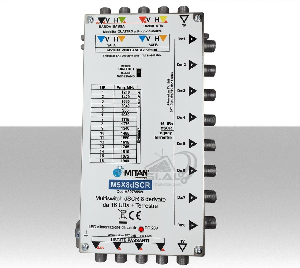 Multiswitch dCSS 8 uscite derivate WideBand con 5 ingressi SAT/DTV e 5 uscite passanti Mitan M5X8dSCR