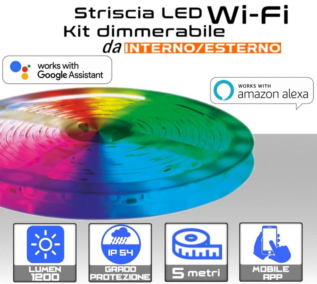 Strip LED 5 metri Wi-Fi RGB  Bianco dimmerabile 12V da esterno - 1200 lumen/metro