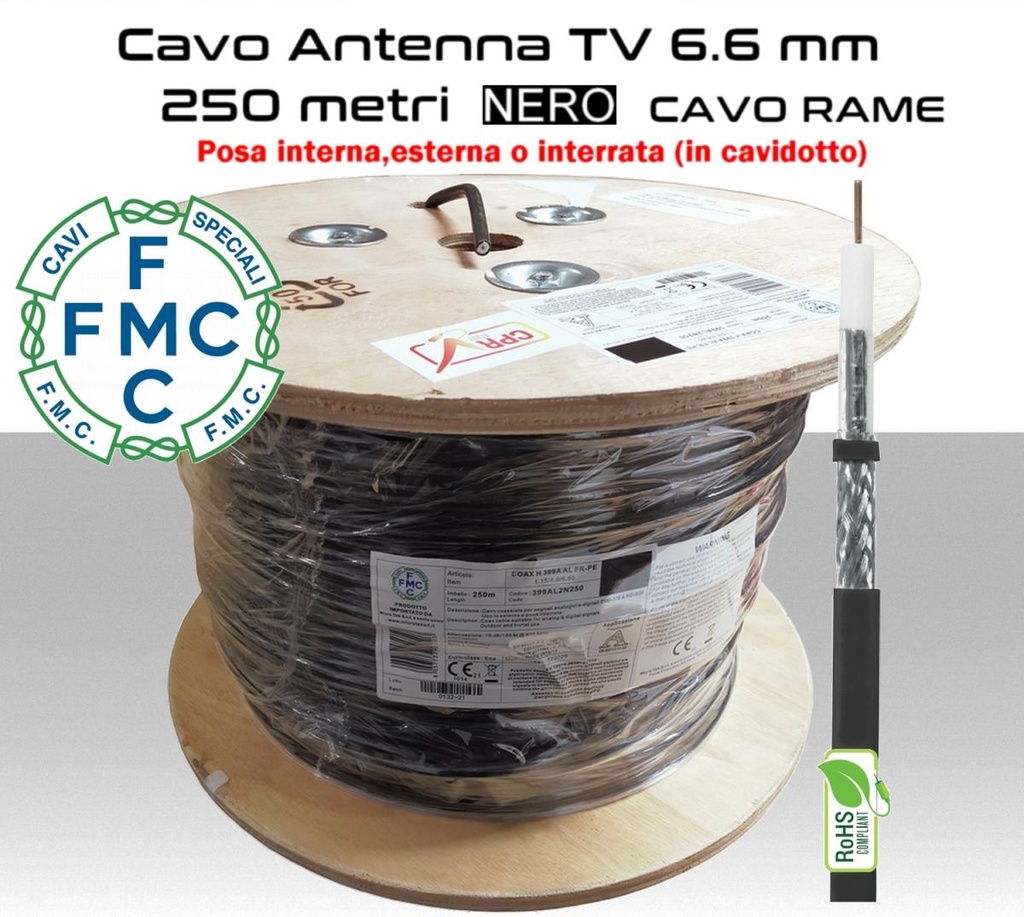 Cavo coassiale antenna TV 6.6 mm da 250 metri coax PVC nero per uso in cavidotti bobina legno conduttore in rame rosso FMC cavi speciali 