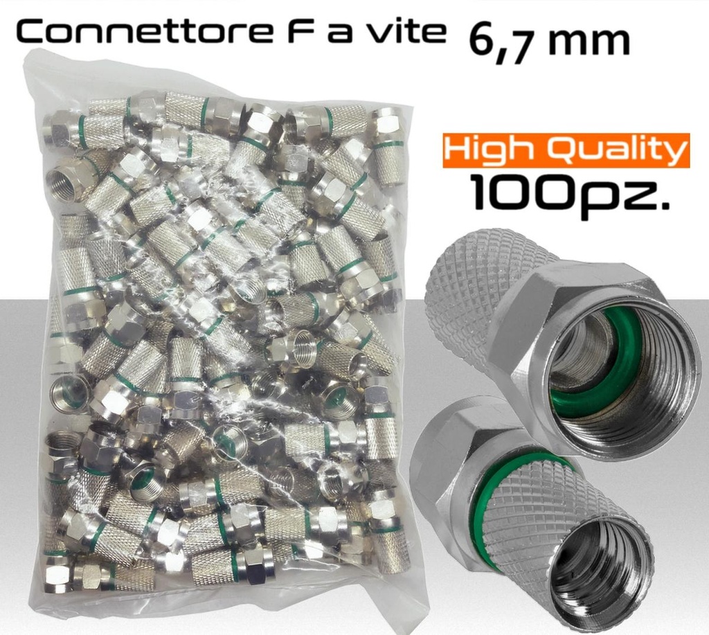 Connettore F per cavo antenna TV da 6.7 mm a vite con O-Ring Verde - Confezione risparmio PACK 100pz.