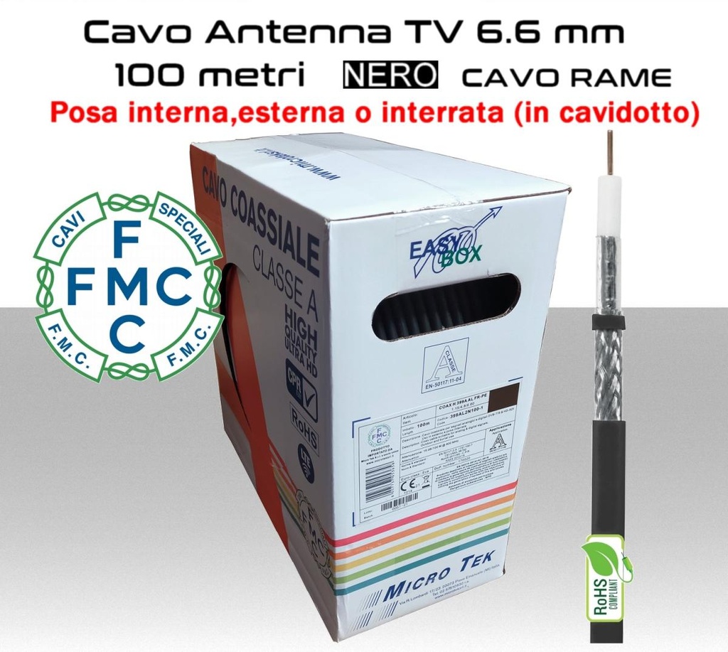 Cavo coassiale per antenna TV 6,6 mm in bobina 100 metri Rame e FR-PE nero Micro TEK