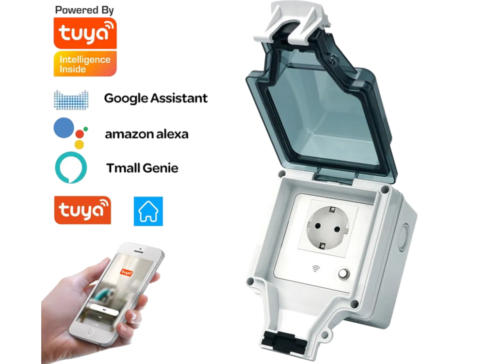 TUYA - Smart Socket con Monitoraggio della potenza consumata - Max 16A - IP66 - WiFi - Compatibile Alexa e Google Home