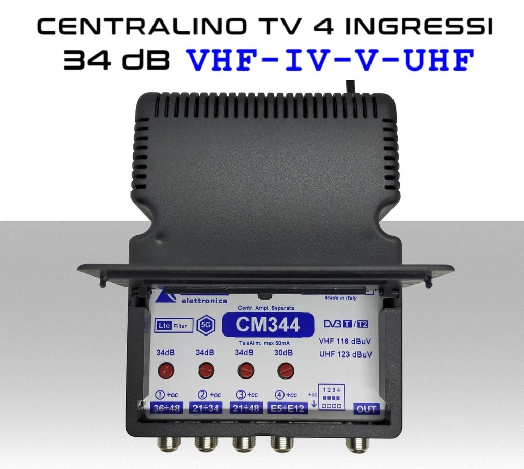 Centralino antenna TV da interno 4 ingressi BIII-IV-V-UHF (34/36) 34dB serie Elar CM344