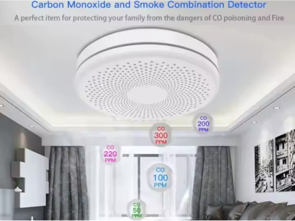 TUYA - Sensore Rilevatore monossino di carbonio e fumo con Sirena integrata WiFi - Alimentazione 2xAA