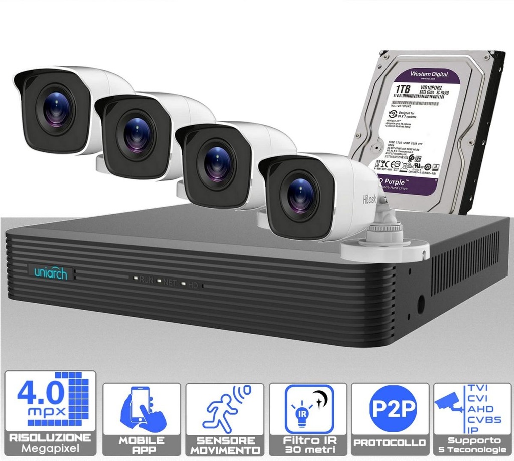 Kit videosorveglianza da esterno 4 telecamere bullet 4.0 megapixel e dvr con hard disk 