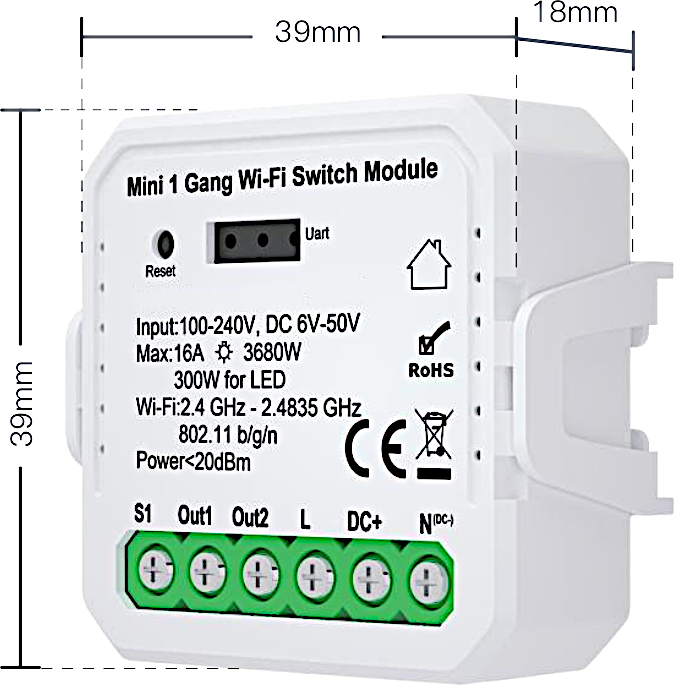 TUYA - Smart Relè WiFi 1 uscita - Contatto Pulito - Max 3680Wac / 300Wdc Led - 39x39x18mm