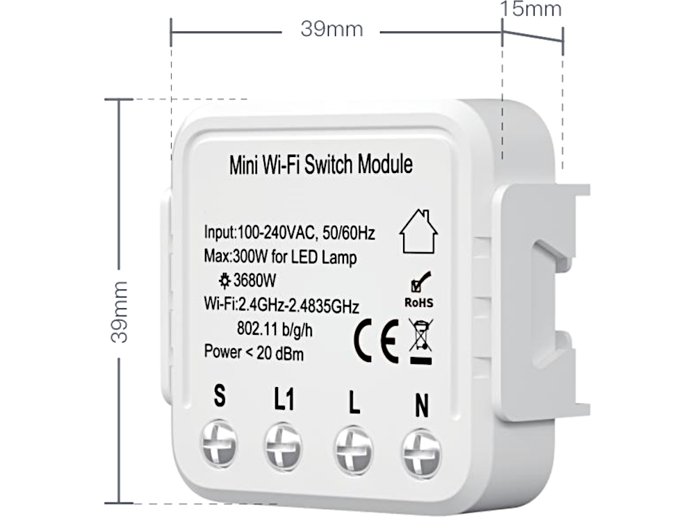 TUYA - Smart Relè WiFi 1 uscita - Profilo ribassato - Max 3600Wac/300Wdc led - 39x39x15mm