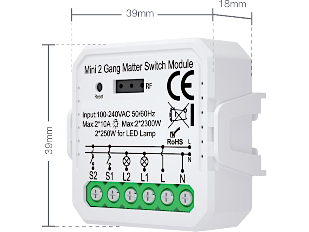 TUYA - Smart Relè WiFi 2 uscite - Max 2300W / 250W led