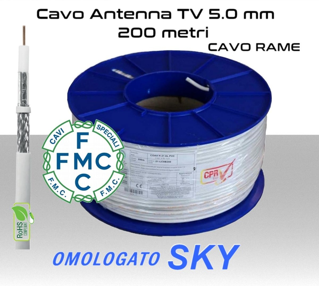 Cavo coassiale per antenna TV 5 mm in bobina 200 metri Rame e PVC bianco Micro TEK