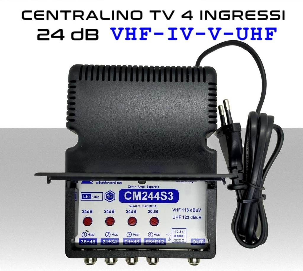 Centralino antenna TV da interno 4 ingressi BIII-IV-V-UHF (34/36) 24dB serie Elar CM244S3