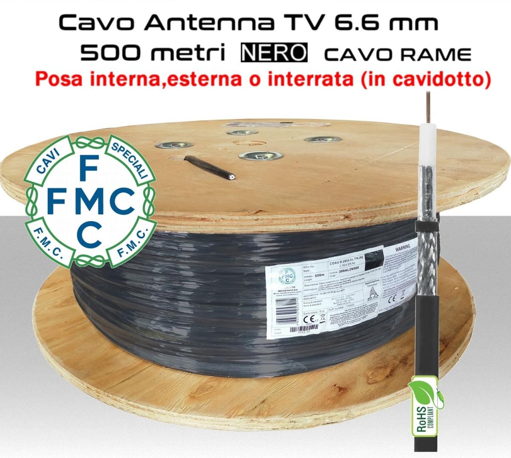 Cavo antenna TV 6,6 mm in bobina 500 metri Rame e FR-PE nero Micro TEK 