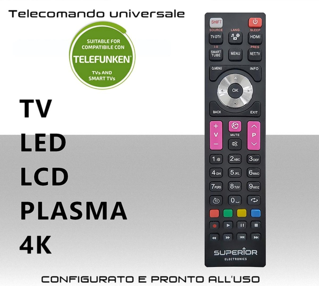 Telecomando TV Telefunken universale pronto all'uso con funzioni per TV Smart 