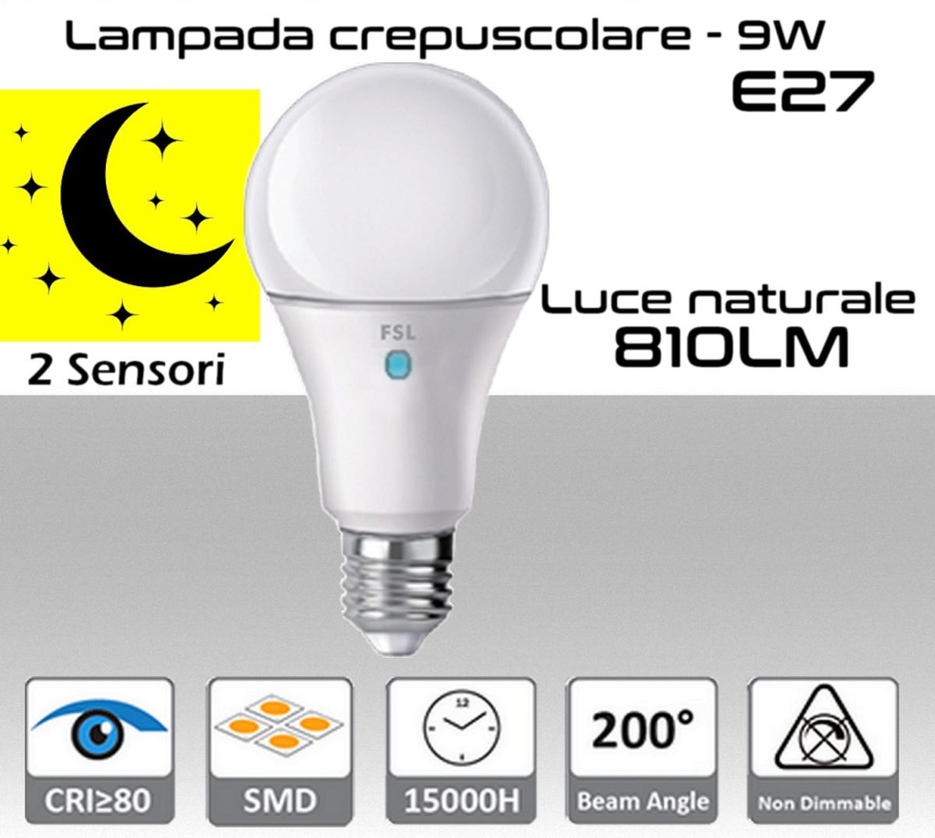 Lampadina crepuscolare E27 LED 9W Luce naturale 4000K  810 lumen con doppio sensore Crepuscolare 