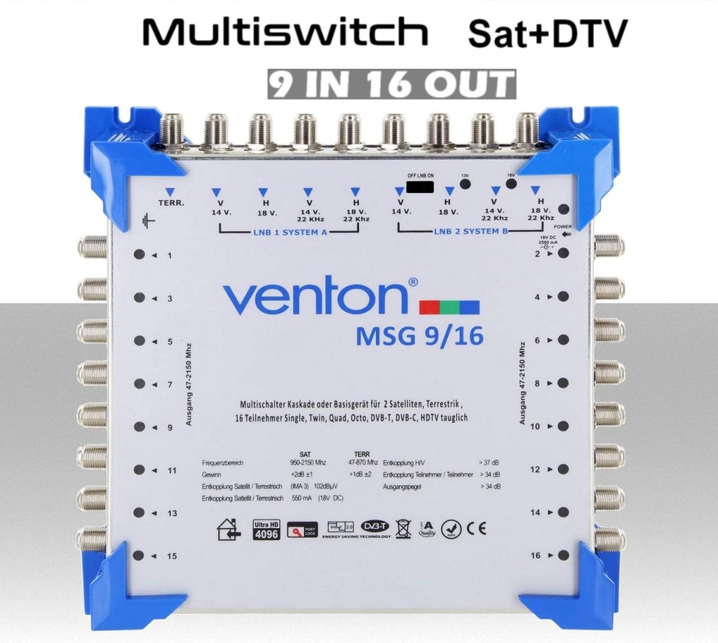 Multiswitch  9/16 centralino autoalimentato a due satelliti con terrestre per 16 utenze indipendenti serie Venton MSG