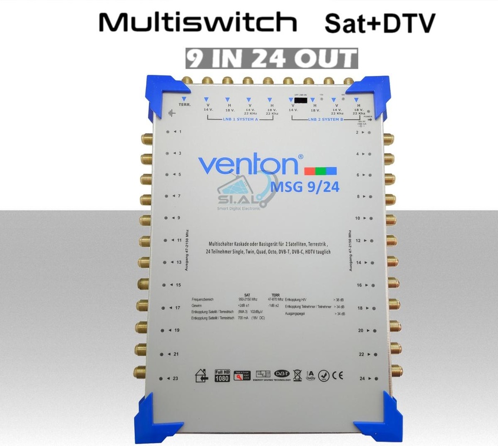Multiswitch 9/24 centralino autoalimentato a due satelliti con terrestre per 24 utenze indipendenti serie Venton MSG