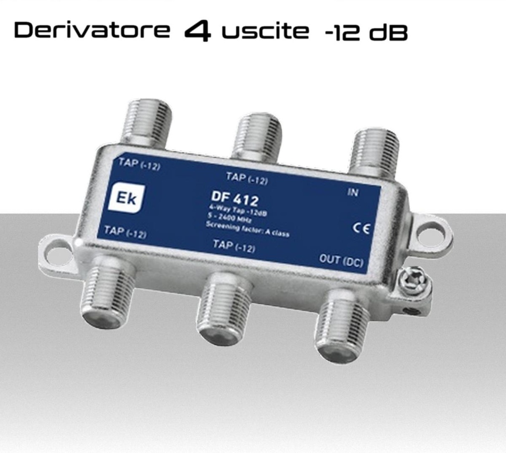 Derivatore antenna 4 uscite attenuazione -12dB con 1 via passante DC schermato con connettore F per banda TV e Satellite di Ekselans by ITS