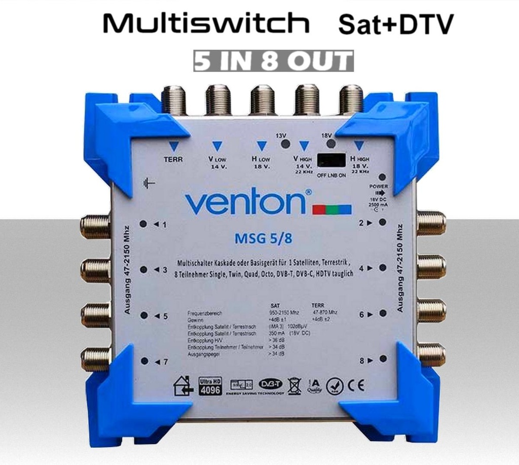 Multiswitch 5/8 centralino autoalimentato satellitare con terrestre per 8 utenze indipendenti serie Venton MSG