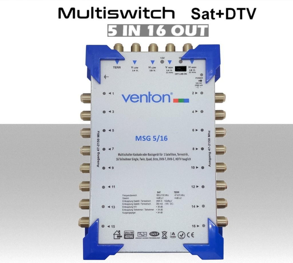 Multiswitch 5/16 centralino autoalimentato satellitare con terrestre per 16 utenze indipendenti serie Venton MSG