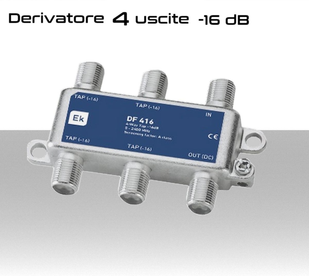 Derivatore antenna 4 uscite attenuazione -16dB con 1 via passante DC schermato con connettore F per banda TV e Satellite di Ekselans by ITS