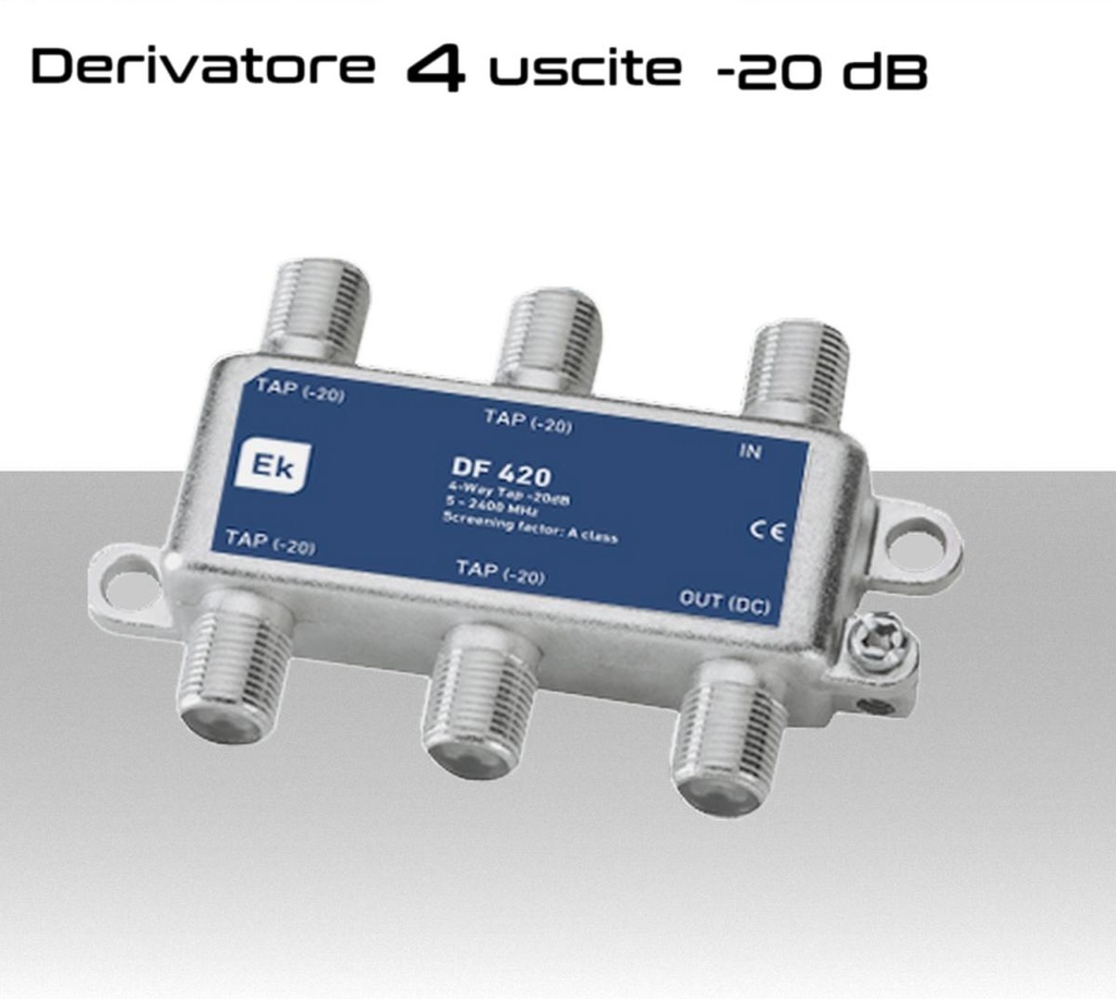 Derivatore antenna 4 uscite attenuazione -20dB con 1 via passante DC schermato con connettore F per banda TV e Satellite di Ekselans by ITS