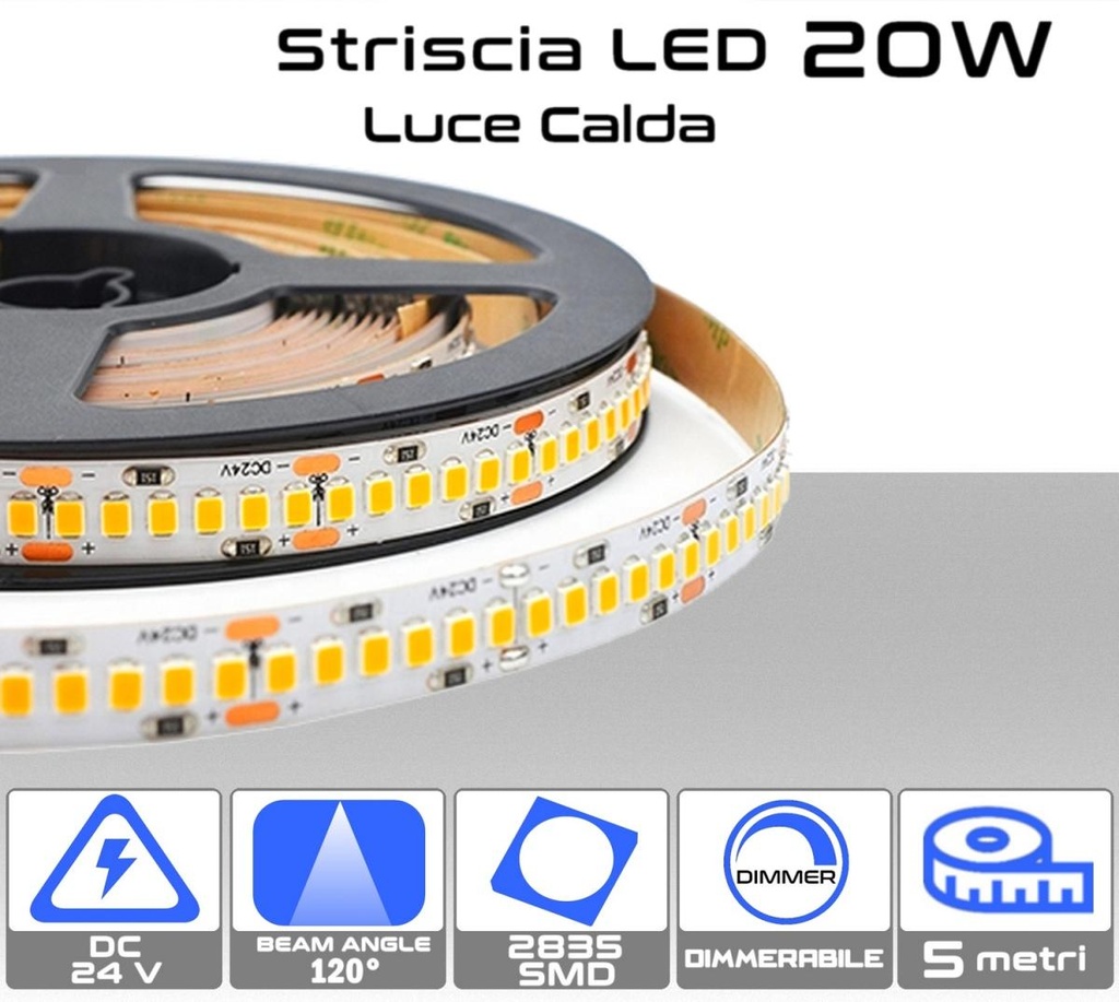 Strip LED 20W Luce calda 3000K da 5 metri 24V dimmerabile IP20 - 2050 lumen/metro